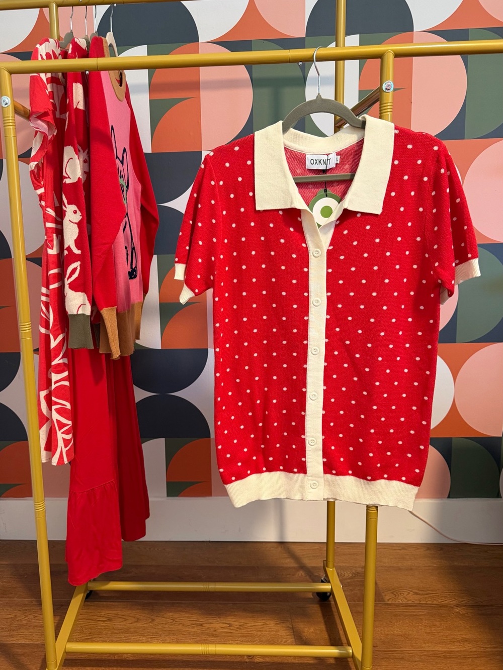 OXKNIT Red Polka Dot Short-Sleeve Knit Polo Sweater with Cream Trim